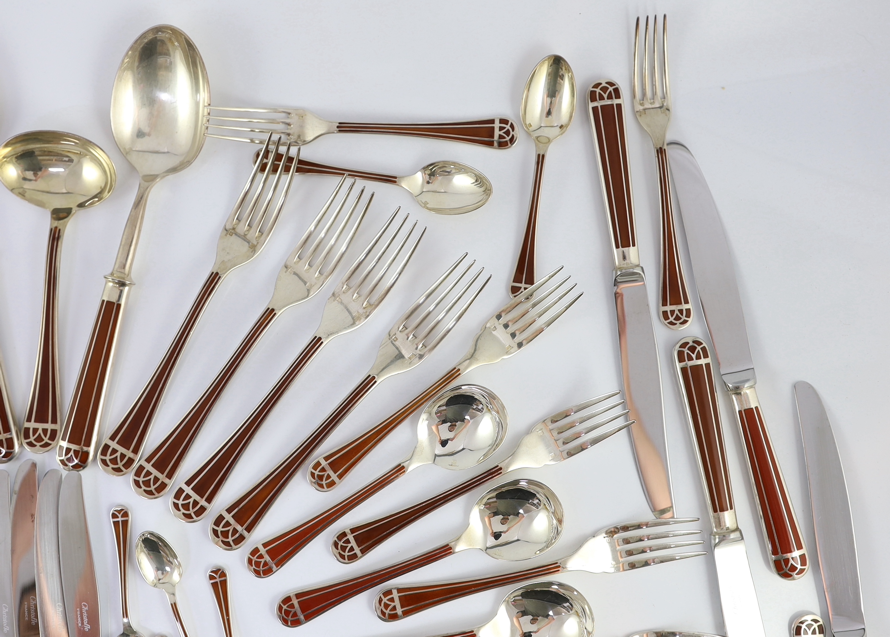 An almost complete canteen of modern Christofle silver plated and Chinese brown lacquer Talisman pattern cutlery for eight, designed by Bernard Yot